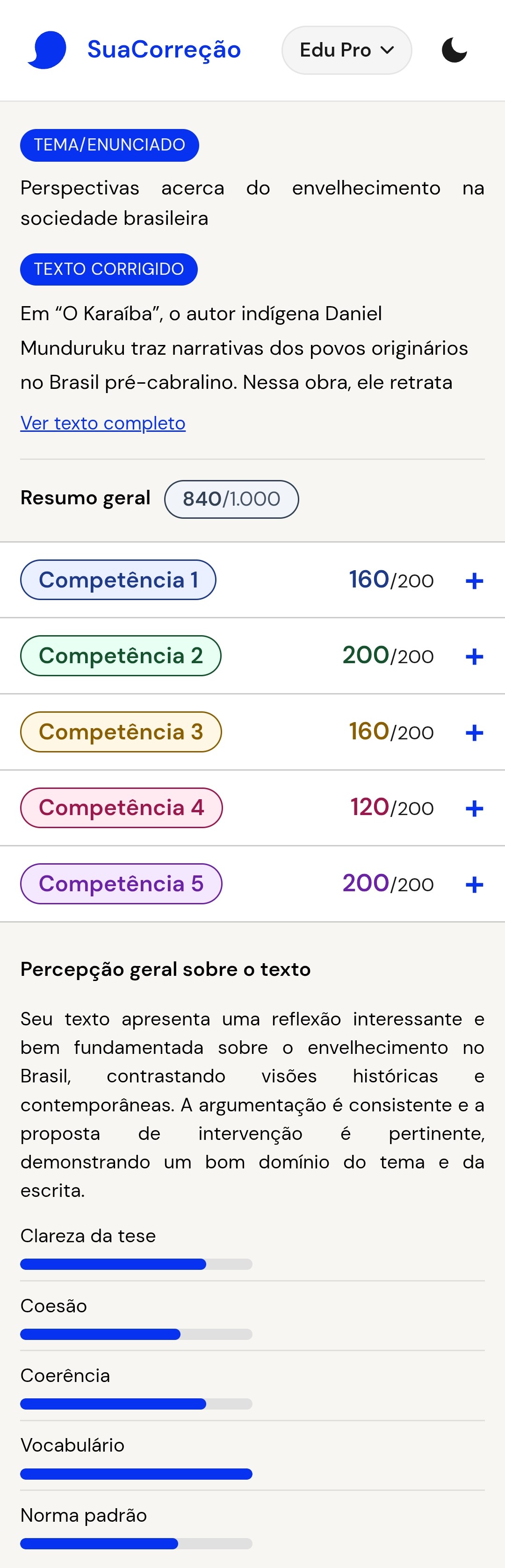 Prévia de uma correção do SuaCorreção, com nota por competência e comentários